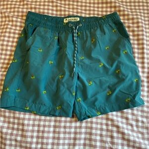 Teal Swim Shorts with Palm Tree Print